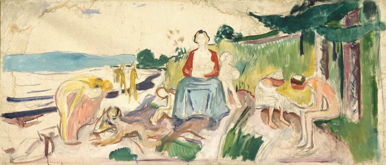 Skizzierte Uferszene mit sitzender Mutter, Kindern und Badenden – Edvard Munch Alma Mater Kunstkopie