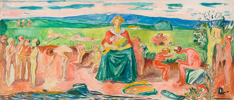 Mutter mit Kind in grünem Kleid sitzt auf einer Wiese unter nackten Figuren – Edvard Munch Alma Mater Kunstkopie