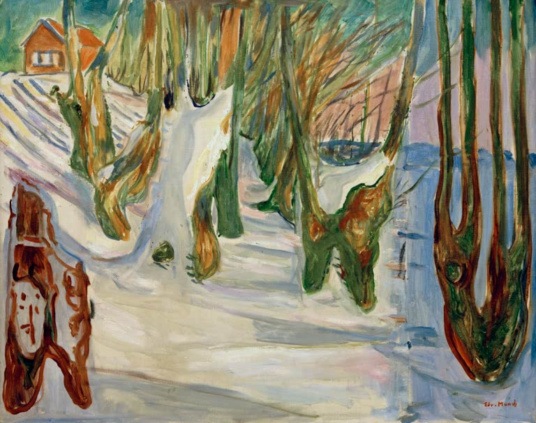 Verschneite Allee mit Baumstämmen, links ein rotes Haus – Edvard Munch Alte Bäume (Winter, Ekely) Kunstkopie