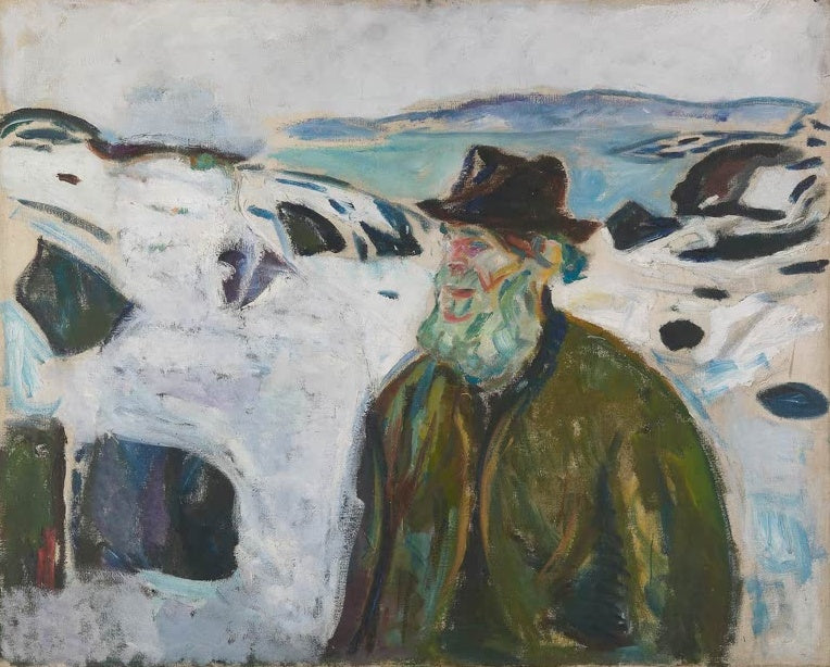 Edvard Munch Alter Fischer an schneebedeckter Küste Kunstkopie, bärtiger Fischer mit Hut vor verschneiten Felsen