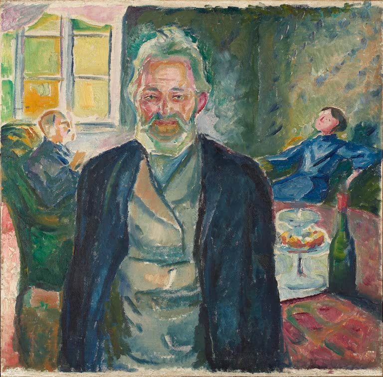 Bärtiger alter Mann im dunklen Mantel im Zimmer – Edvard Munch Alter Mann in einem Interieur Kunstkopie