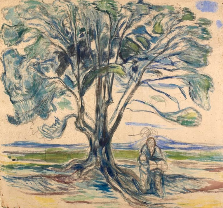 Edvard Munch Alter Mann unter einem Baum Kunstkopie, skizzenhaftes Paar unter großer blaugrüner Baumkrone
