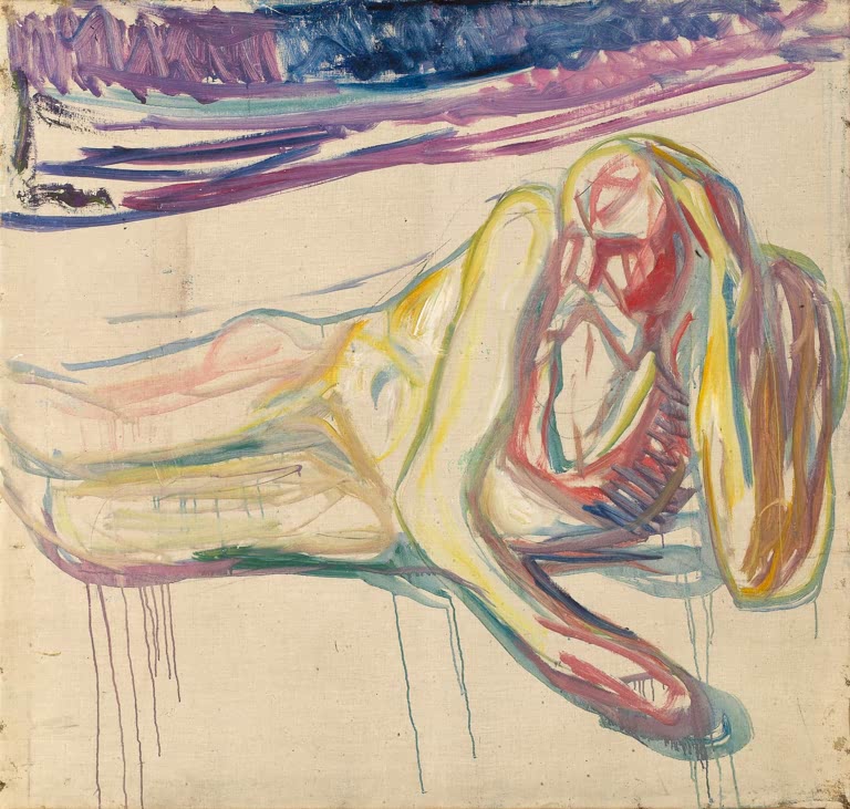 Liegende Gestalt mit langem Haar in weichen Linien, darüber violette Streifen – Edvard Munch Alter Mann Kunstkopie