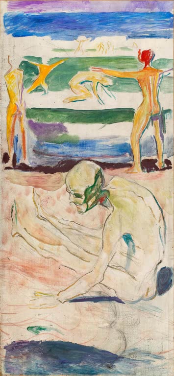 Nackter alter Mann kauert am Boden, darüber Figuren am Meer – Edvard Munch Alter Mann Kunstkopie