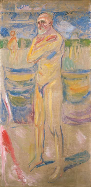 Stehender alter Mann mit weißem Bart und verschränkten Armen vor blauem Wasser – Edvard Munch Alter Kunstkopie