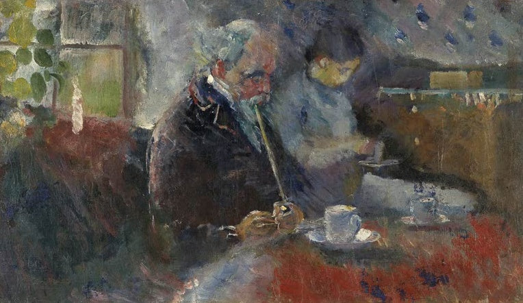 Edvard Munch Am Kaffeetisch Kunstkopie, älterer Mann mit Bart und Pfeife am gedeckten Tisch mit Tasse in dunklem Interieur