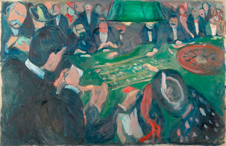 Menschen rund um einen grünen Spieltisch mit Roulettekessel im Casino – Edvard Munch Am Spieltisch Kunstkopie
