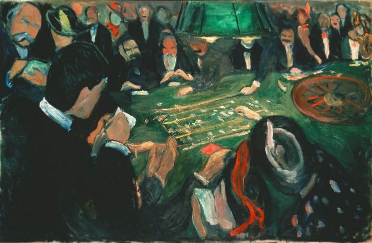 Menschen in dunkler Kleidung drängen sich um einen grünen Spieltisch mit Roulette – Edvard Munch Am Spieltisch Kunstkopie