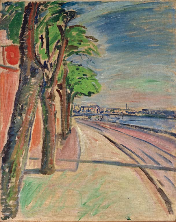 Baumallee an einer Uferstraße mit Blick auf Fluss und ferne Stadt – Edvard Munch Am Strom Kunstkopie