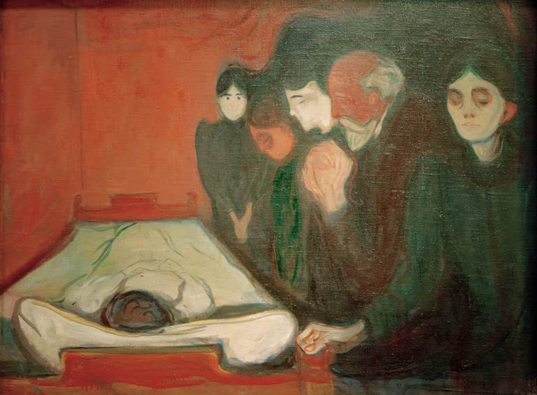 Trauernde Familie in dunkler Kleidung um ein Totenbett in rotem Raum – Edvard Munch Am Totenbett Kunstkopie