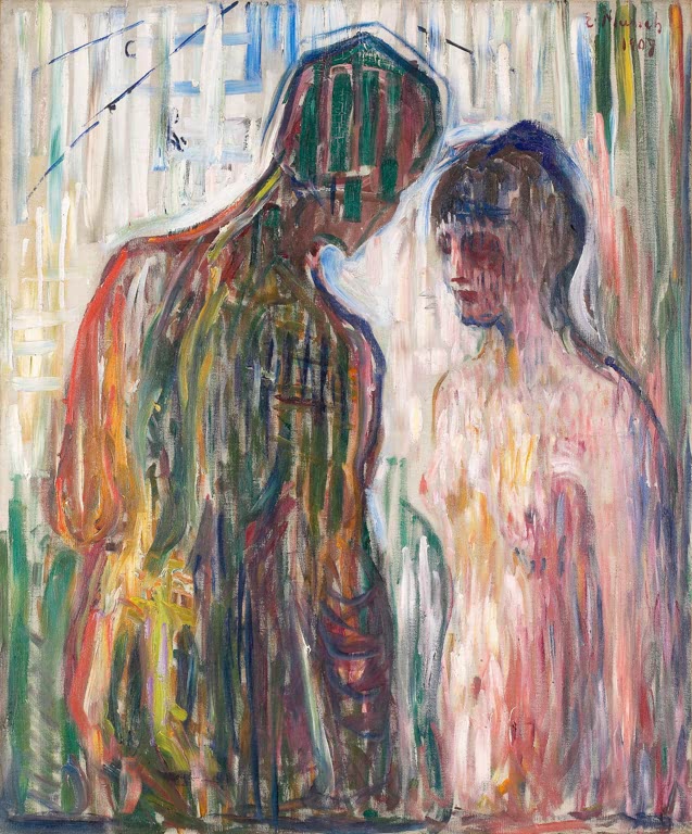 Zwei verschwommene Gestalten, Mann und Frau, in farbigen senkrechten Strichen – Edvard Munch Amor und Psyche Kunstkopie