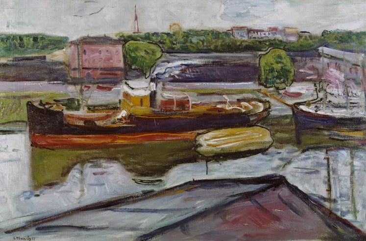 Schlepper und Kähne im Hafenwasser, im Hintergrund Häuser und Bäume – Edvard Munch An der Trave in Lübeck Kunstkopie