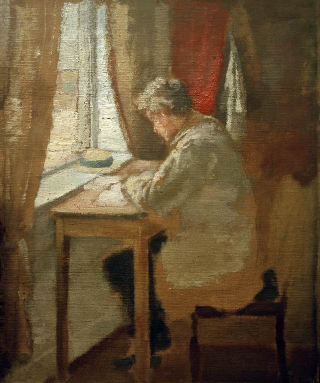 Mann in hellem Hemd sitzt schreibend am Tisch vor einem Fenster mit Vorhängen – Edvard Munch Andreas am Fenster Kunstkopie