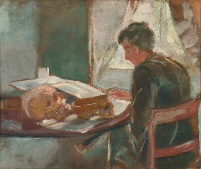 Mann sitzt lesend am Tisch mit Totenschädel und Buch – Edvard Munch Andreas Munch studiert Anatomie Kunstkopie