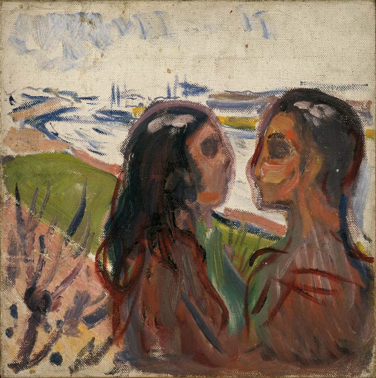 Zwei dunkelhaarige Gesichter einander zugewandt vor Küstenlandschaft – Edvard Munch Anziehung in der Landschaft Kunstkopie