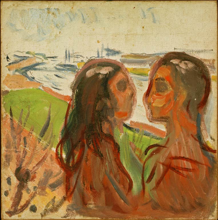 Zwei Köpfe mit langem Haar einander zugewandt vor grüner Landschaft – Edvard Munch Anziehung. Landschaftsmotiv Kunstkopie