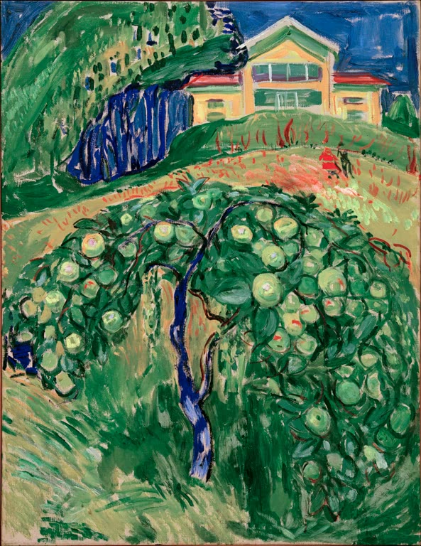 Apfelbaum mit hellen Früchten vor gelbem Haus mit rotem Dach – Edvard Munch Apfelbaum im Garten Kunstkopie