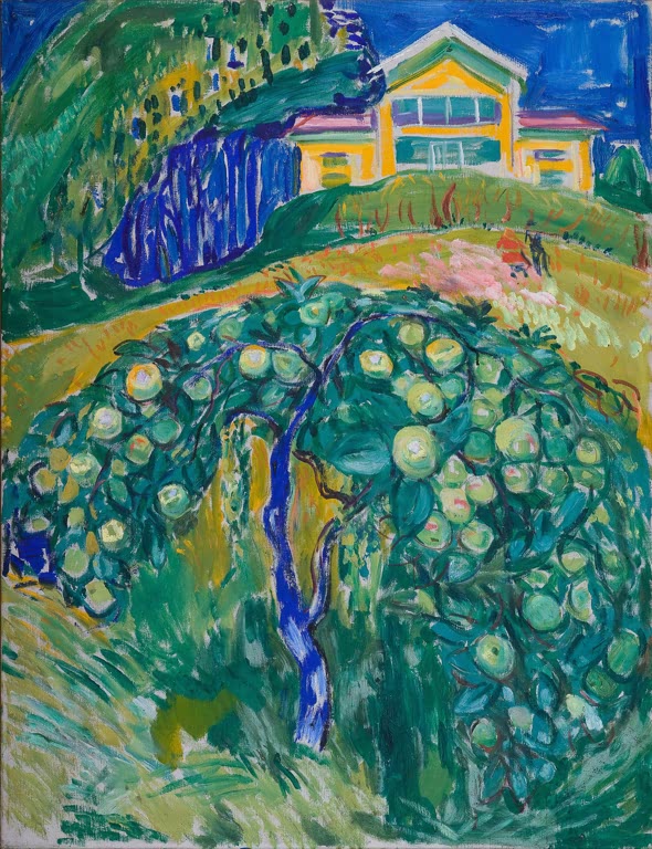 Gelbes Haus auf dem Hügel hinter einem Apfelbaum voller heller Früchte – Edvard Munch Apfelbaum im Garten Kunstkopie