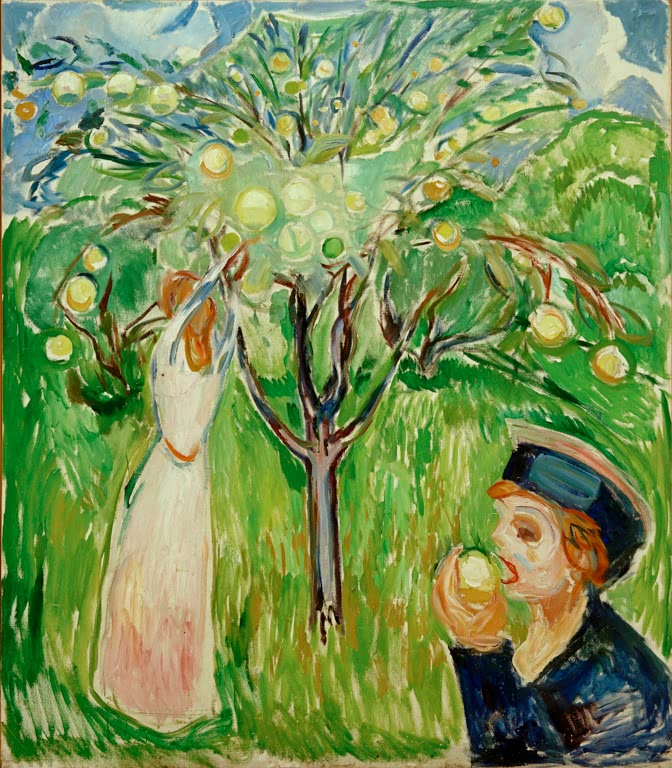 Frau in Weiß pflückt Äpfel, rechts beißt ein Junge in einen Apfel – Edvard Munch Apfelernte. Zwei Frauen im Garten Kunstkopie