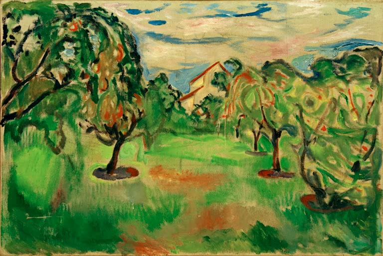 Obstbäume im Garten mit Atelierhaus unter bewegtem Himmel – Edvard Munch Apfelgarten mit Atelier Kunstkopie