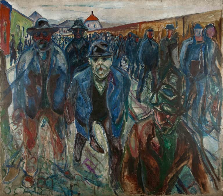 Dichter Zug von Arbeitern in blauen Jacken und Hüten auf einer Straße – Edvard Munch Arbeiter auf dem Heimweg Kunstkopie