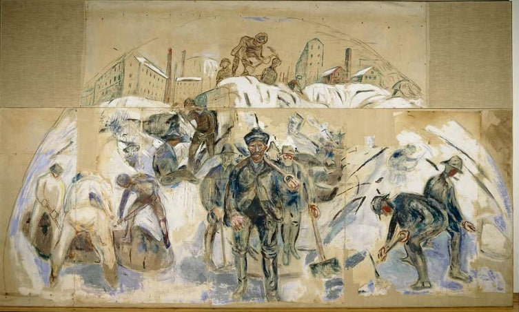 Männer schaufeln Schnee vor Fabrikgebäuden, in der Mitte ein Arbeiter – Edvard Munch Arbeiter auf der Baustelle Kunstkopie