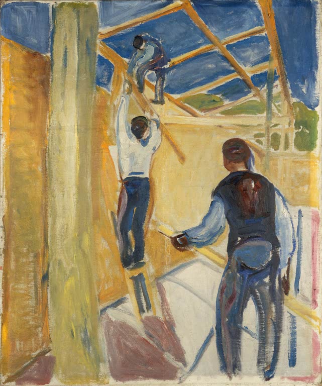 Bauarbeiter auf Leitern und Gerüst in einem Rohbau mit blauem Himmel – Edvard Munch Arbeiter im Atelier Kunstkopie
