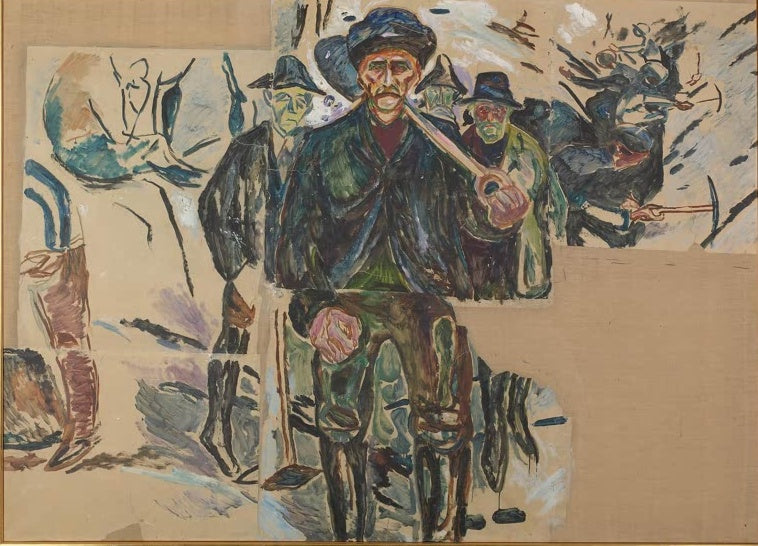 Arbeiter mit Pfeife und Mütze, daneben Männer mit Spitzhacken im Schnee – Edvard Munch Arbeiter im Schnee Kunstkopie