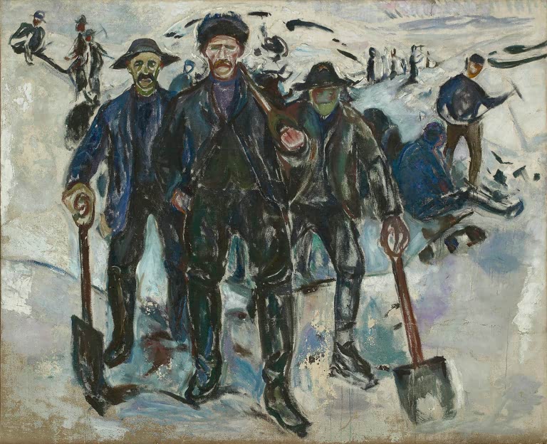 Arbeiter mit Schaufeln stehen im Schnee, im Hintergrund weitere Männer – Edvard Munch Arbeiter im Schnee Kunstkopie