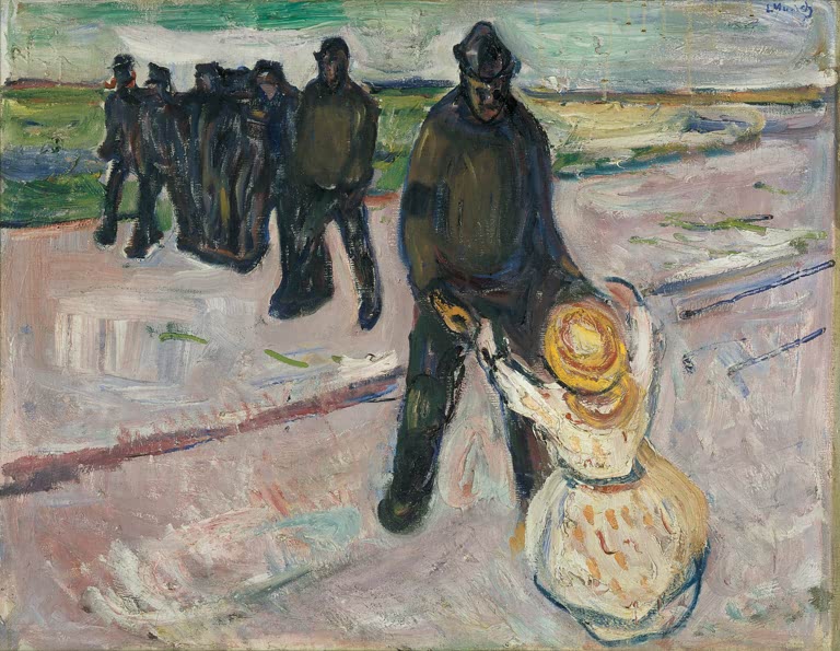 Arbeiter auf der Straße beugt sich zu einem Kind mit gelbem Hut – Edvard Munch Arbeiter und Kind Kunstkopie