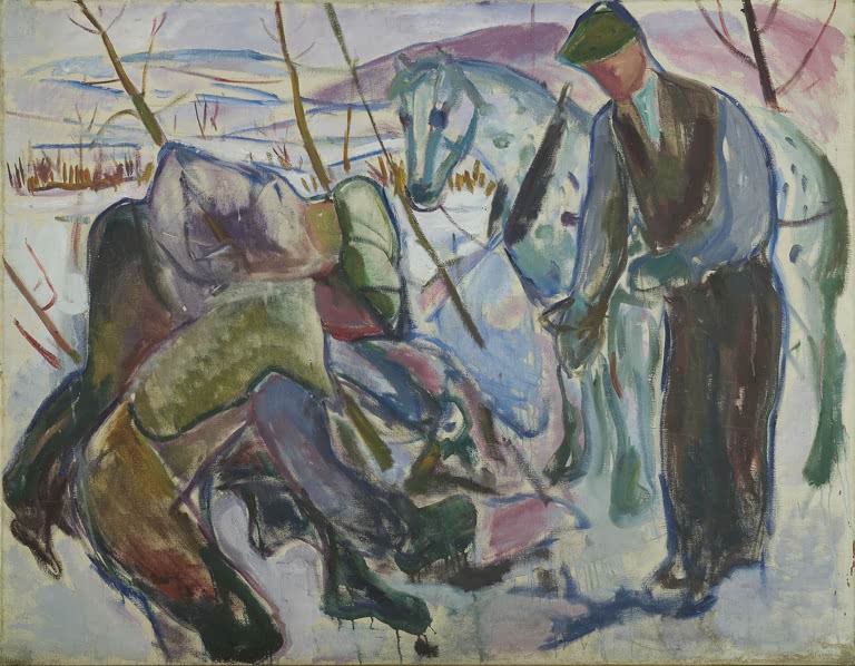 Arbeiter mit Mütze, weißes Pferd und gebückter Mann in winterlicher Landschaft – Edvard Munch Arbeiter und Pferd Kunstkopie