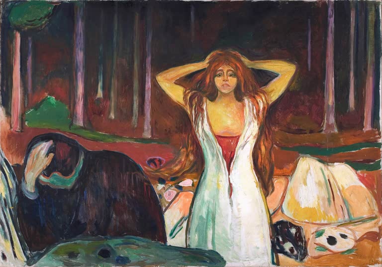 Frau mit rotem Haar hebt die Hände an den Kopf, links ein Mann mit gesenktem Kopf, Wald – Edvard Munch Asche Kunstkopie
