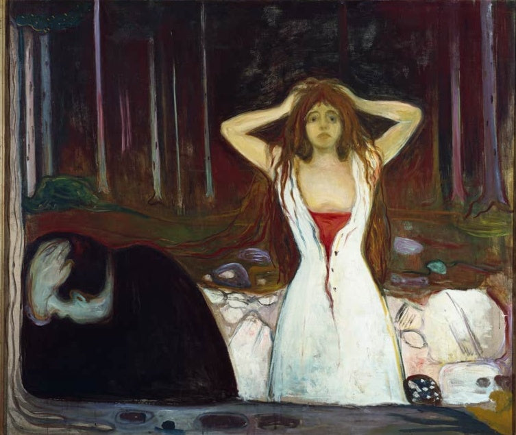 Frau in weißem Kleid fasst sich ans offene Haar, links ein dunkel gebeugter Mann – Edvard Munch Asche Kunstkopie
