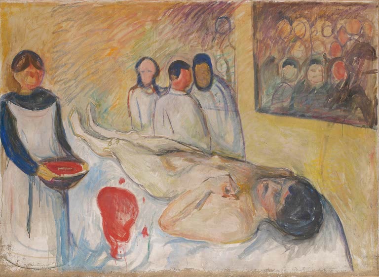 Ärzte und Pflegerin mit roter Schale am Bett, darauf eine liegende Person – Edvard Munch Auf dem Operationstisch Kunstkopie