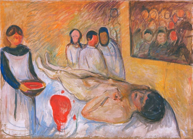 Mann liegt auf einem Operationstisch, links eine Frau mit roter Schüssel – Edvard Munch Auf dem Operationstisch Kunstkopie