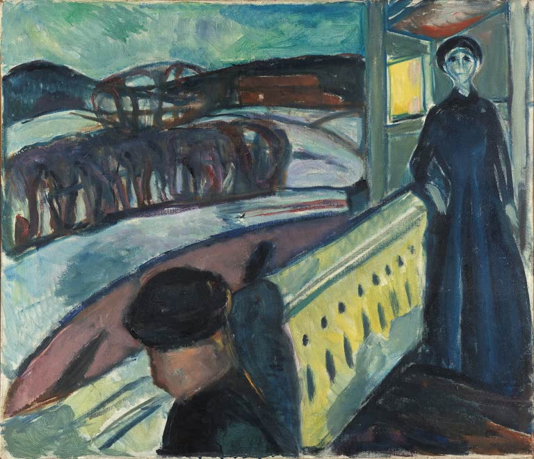 Frau im dunklen Kleid an der Veranda, vorn ein Mann mit Mütze – Edvard Munch Auf der Verandatreppe Kunstkopie