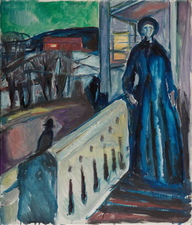 Frau in blauem Mantel auf der Veranda, davor ein Geländer mit Vogel – Edvard Munch Auf der Verandatreppe Kunstkopie