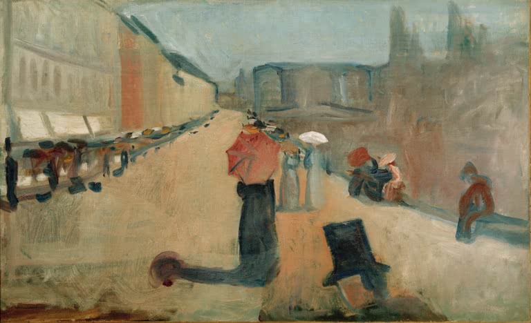 Spaziergänger mit rotem Sonnenschirm auf breiter Straße in hellem Licht – Edvard Munch Auf Karl Johans Gate Kunstkopie