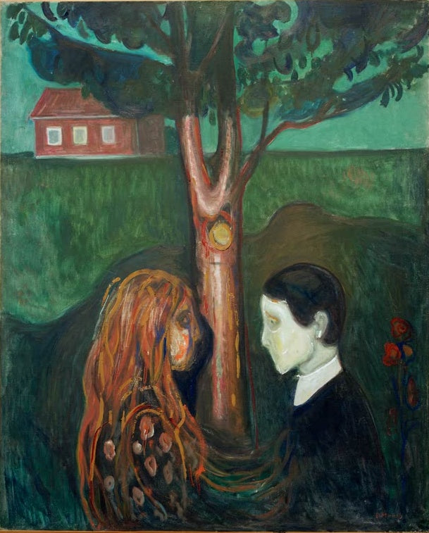 Mann im dunklen Anzug und Frau mit rotem Haar unter einem Baum vor rotem Haus – Edvard Munch Auge in Auge Kunstkopie