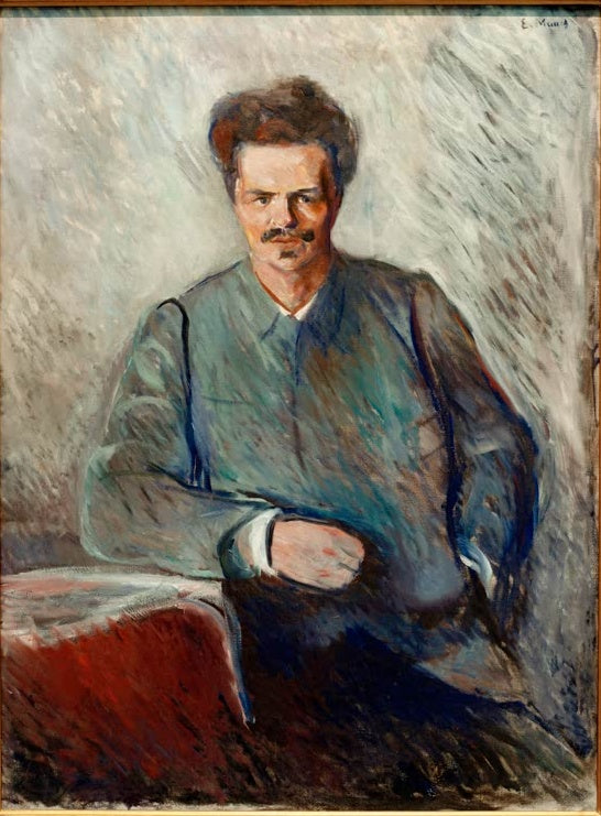 Porträt eines Mannes mit Schnurrbart im blaugrauen Hemd, die Hände im Schoß – Edvard Munch August Strindberg Kunstkopie