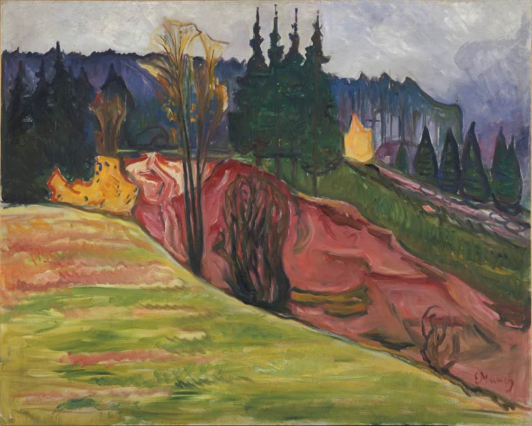 Rot gefärbter Hang mit Bäumen und Tannenwald unter bewölktem Himmel – Edvard Munch Aus dem Thüringerwald Kunstkopie
