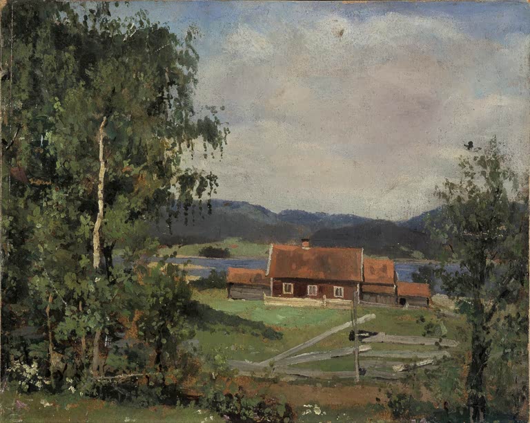 Rotbraunes Bauernhaus am See zwischen Birken und Holzzaun – Edvard Munch Aus Maridalen Kunstkopie