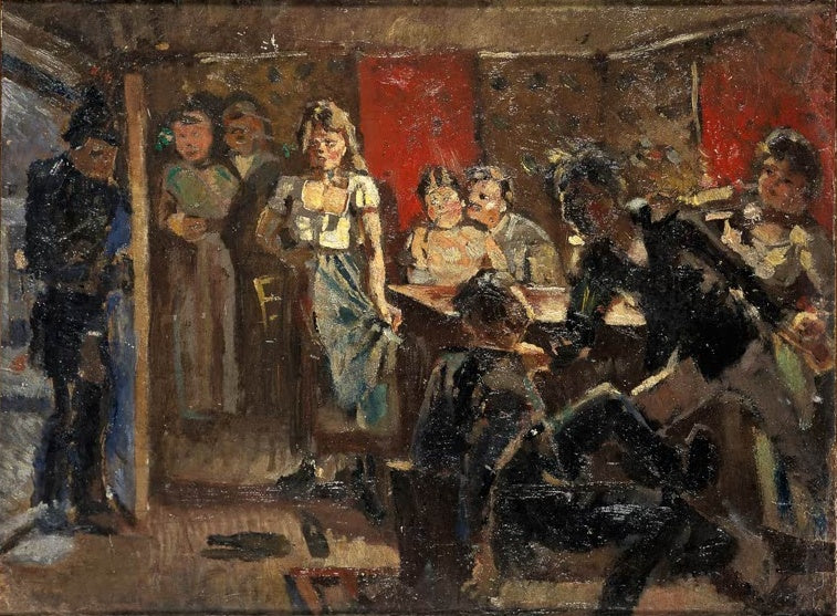 Dunkle Stube mit Menschen um einen Tisch, links ein Mann in Uniform – Edvard Munch Bad am Vaterland Kunstkopie
