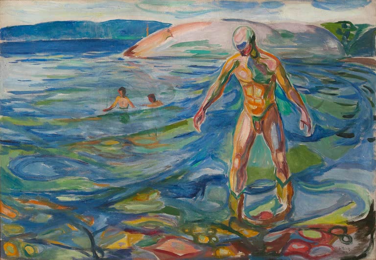 Nackter Mann watet ins Wasser einer Bucht, im Hintergrund zwei Schwimmer – Edvard Munch Badegänger Kunstkopie