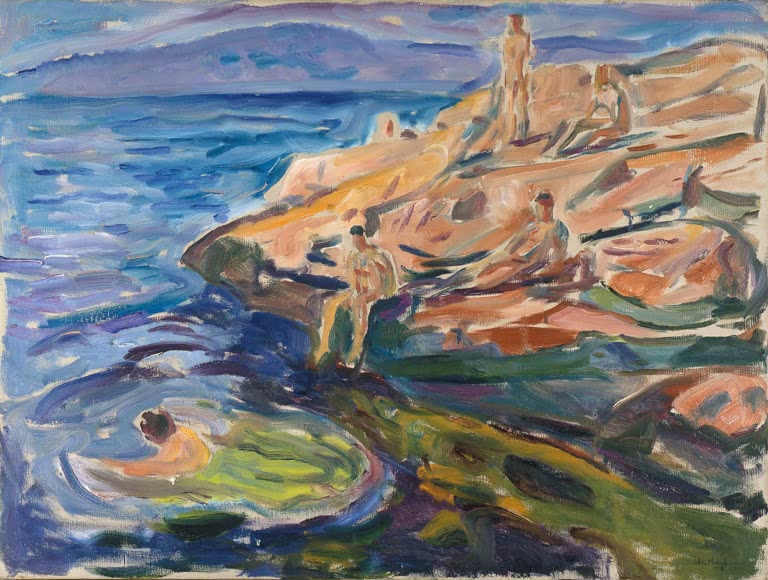 Nackte Badende auf rosa Felsen an blauem Meer, unten schwimmt eine Gestalt – Edvard Munch Badeherren auf Felsen Kunstkopie
