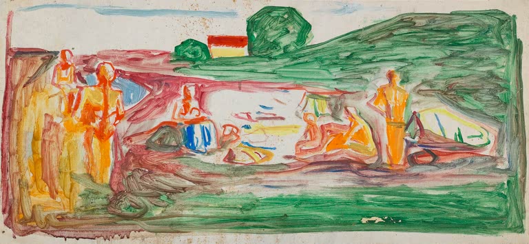Badende in Orange und Rot am Strand mit grünem Hügel – Edvard Munch Badende am Strand Kunstkopie