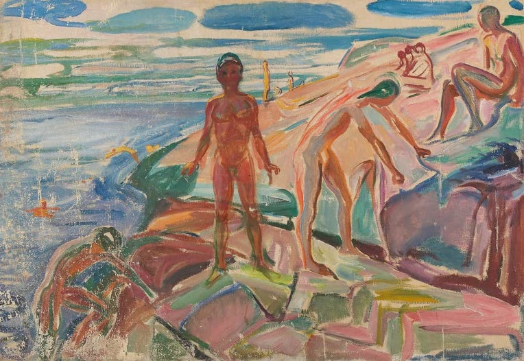 Edvard Munch Badende auf Felsen Kunstkopie, badende Menschen auf rosafarbenen Felsen vor blauem Meer