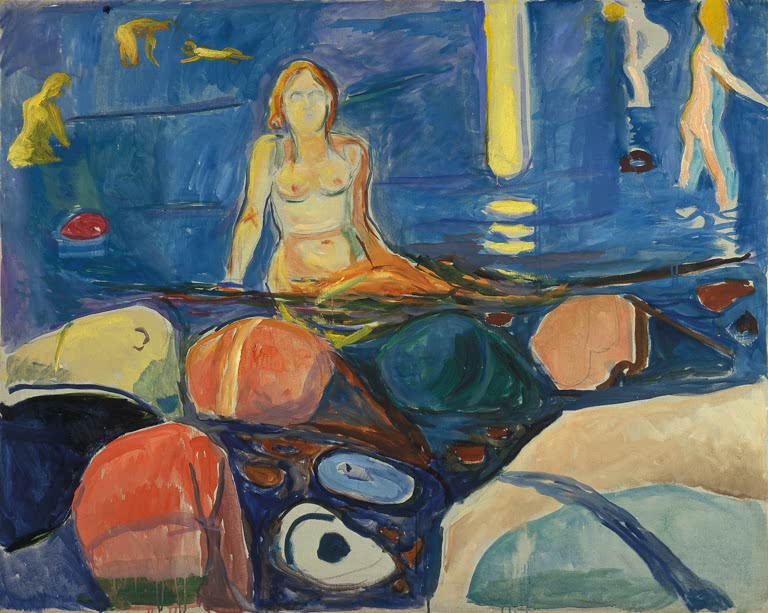 Nackte Frau im Wasser zwischen bunten Felsen, dahinter Kinder im Mondschein – Edvard Munch Badende Frau und Kinder Kunstkopie
