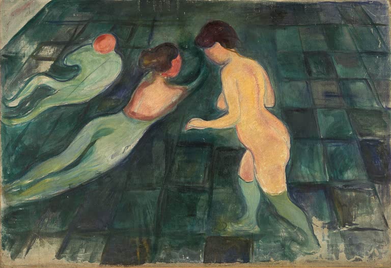Zwei nackte Frauen und eine schwimmende Gestalt auf grün gekacheltem Boden – Edvard Munch Badende Frauen Kunstkopie