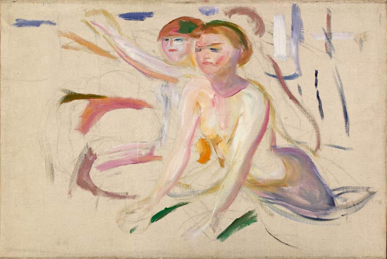 Zwei helle, nur skizzenhaft gemalte badende Frauen auf unbehandelter Leinwand – Edvard Munch Badende Frauen Kunstkopie